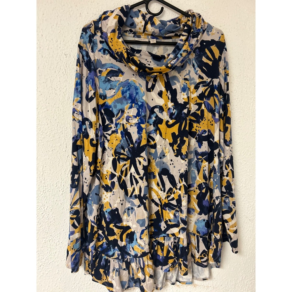 LOGO Lori Goldstein Cowl Neck Ruffle Hem Tunic Abstract Floral Blue Yellow 1X - Picture 2 of 7